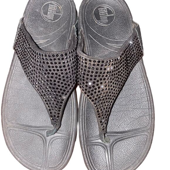Fitflop Lulu Rhinestone embellished wobble Board t-strapped sandals size 7 black - Picture 7 of 9